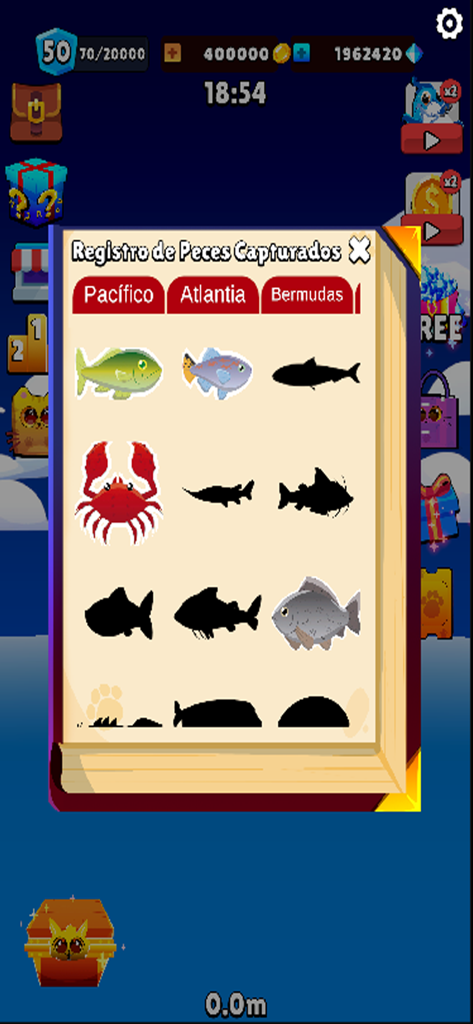 One Fish: Fishercat Collector - Un libro de colecciones en el juego One Fish Fishercat Collector que muestra peces capturados y siluetas de especies faltantes