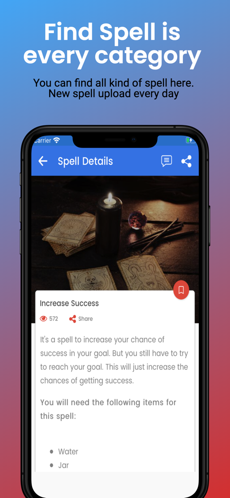 Black Magic Spell - Mobile screen showing details and items for an increase success spell