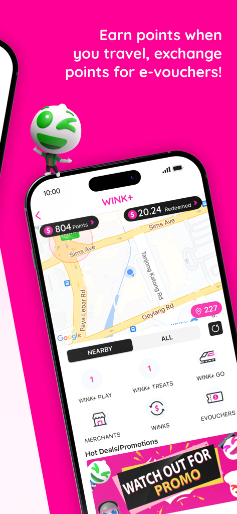 WINK plus mobile app interface showing points rewards and nearby transit map