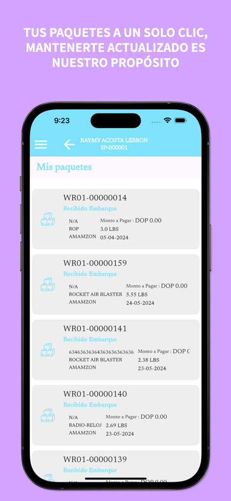Sendpack Courier - Sendpack Courier mobile app interface showing a list of tracked packages with shipping status and weight details