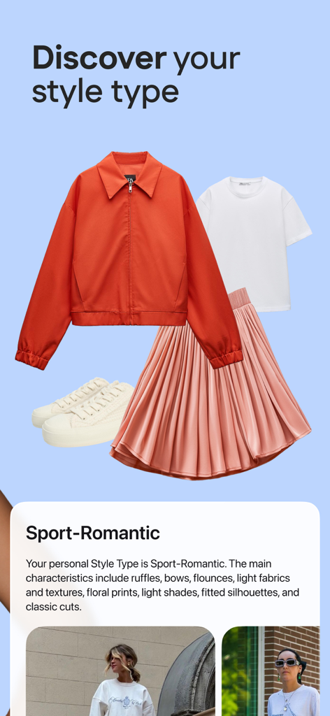 My Color Analysis・AI StyleLab - AI StyleLab interface showing a personalized style type result for Sport-Romantic with a curated outfit suggestion including an orange jacket and pink skirt.