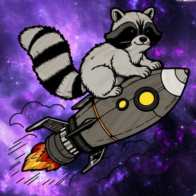 realistic raccoon flying on top rocket ship