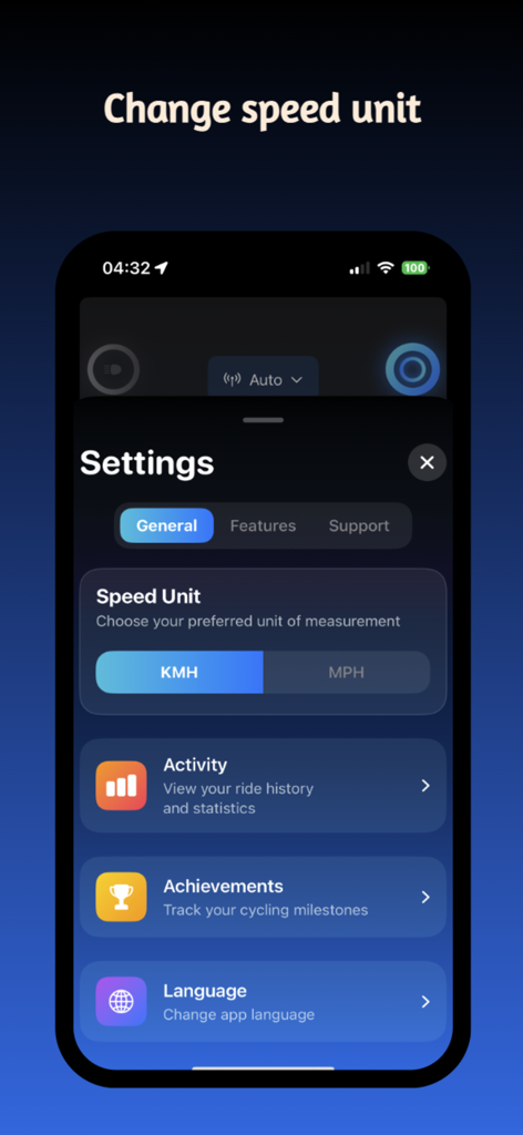 Bikee - Pantalla de configuración de la aplicación Bikee para elegir entre unidades de velocidad KMH y MPH