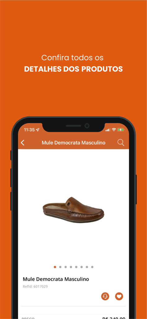 A smartphone screen displaying a product page for a brown leather mens shoe on the Sapataria Nova app.