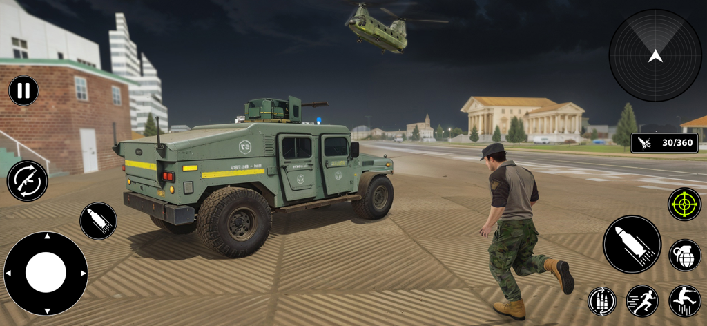 Elite Soldier: War Survival - A soldier running toward a military vehicle with a helicopter overhead in an urban combat zone.