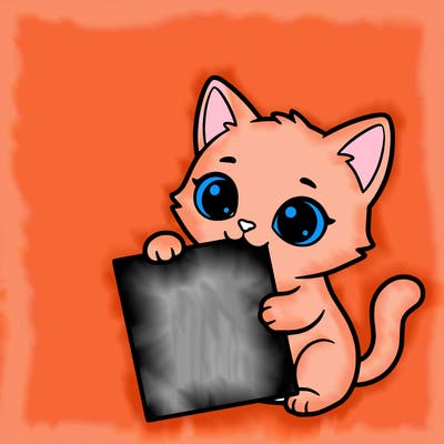 a small cat with a blank sheet of paper in its hand. the cat is sooooooo cute!