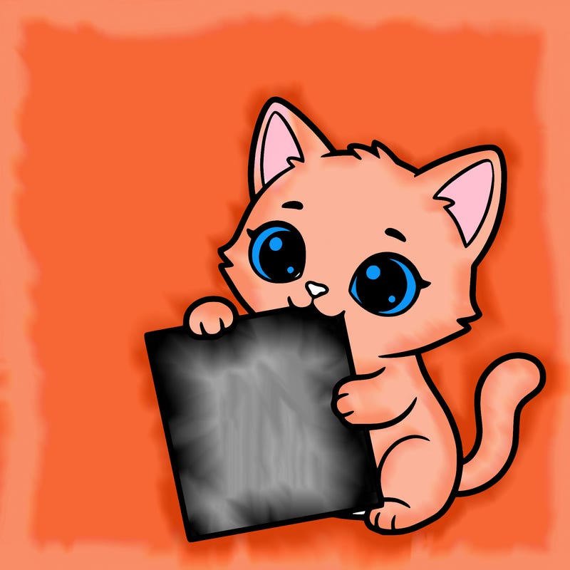 a small cat with a blank sheet of paper in its hand. the cat is sooooooo cute!
