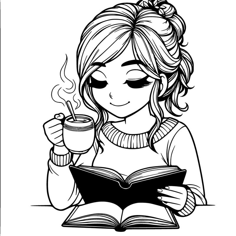 realistic girl readind a book while drinking tea