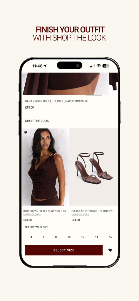 PrettyLittleThing mobile app interface displaying the Shop the Look feature with coordinated fashion items including a top and heels.