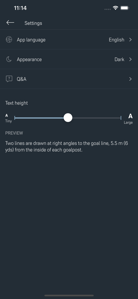 Laws of the Game - Settings screen of the IFAB Laws of the Game app featuring language and text size customization