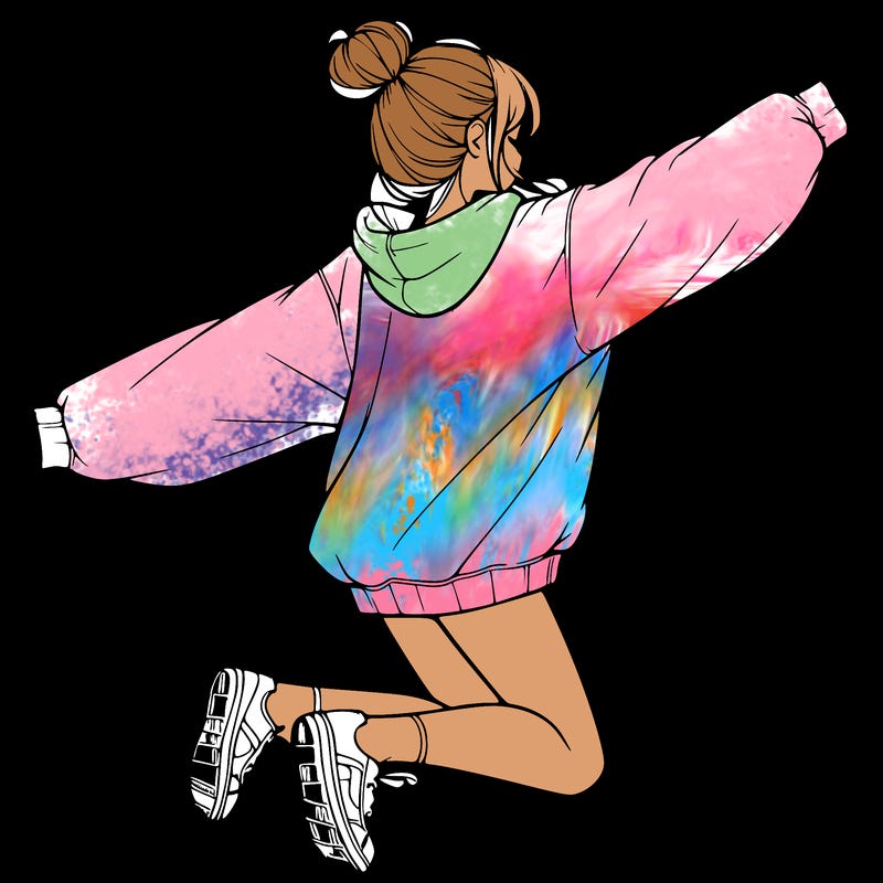 realistic girl jumping with a bun and oversized sweatshirt