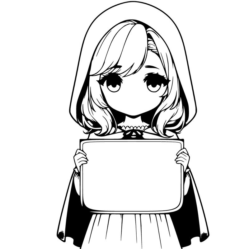 a realistic girl with shoulder length hair and dress, cloak. holding blank cardboard sign