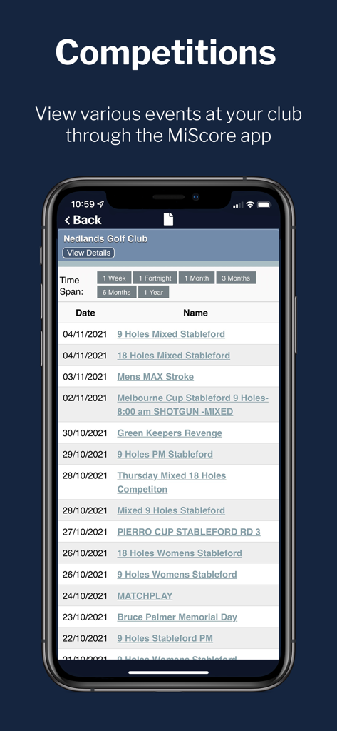 MiScore - A list of club golf competitions displayed on the MiScore mobile app