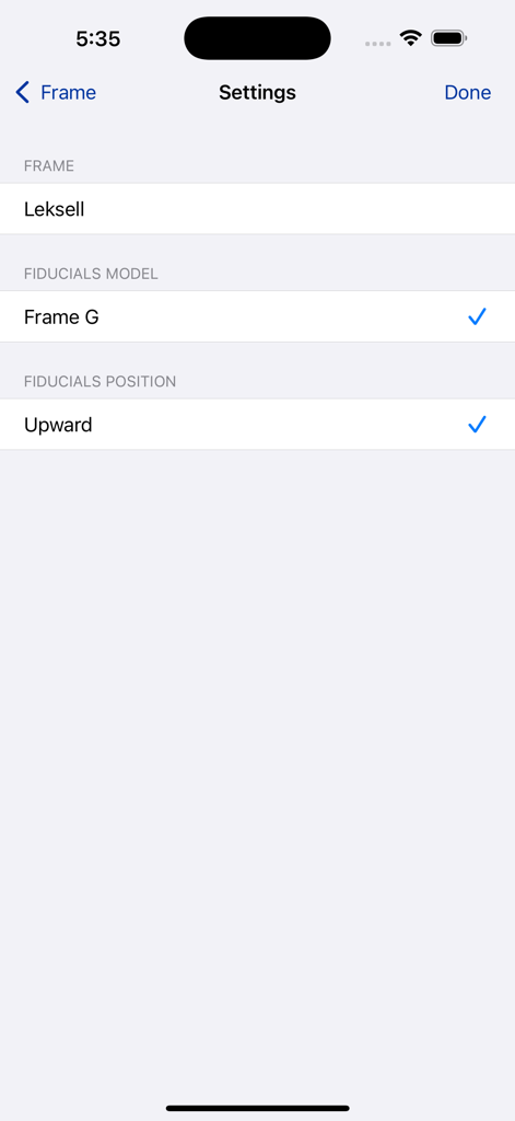 StereoCheck - Settings screen in StereoCheck app for selecting the Leksell stereotactic frame and fiducials model