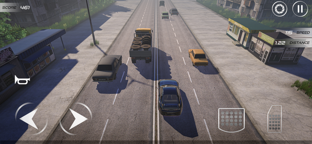 wDrive Roads: Russia - Vista de juego desde arriba de un coche negro zigzagueando entre el tráfico de la ciudad en wDrive Roads Russia.