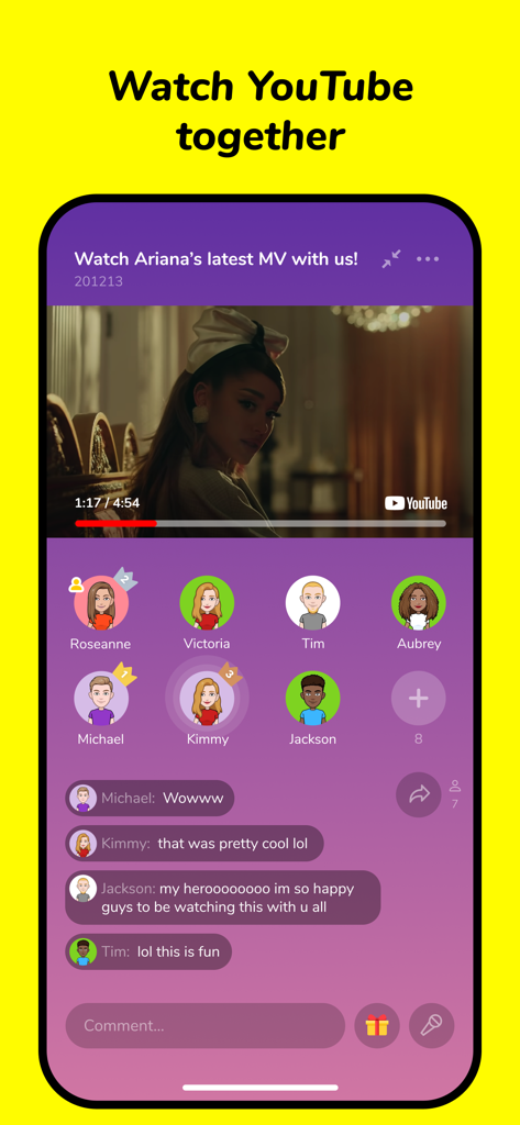 Función de ver YouTube juntos de la app LMK con chat grupal y avatares