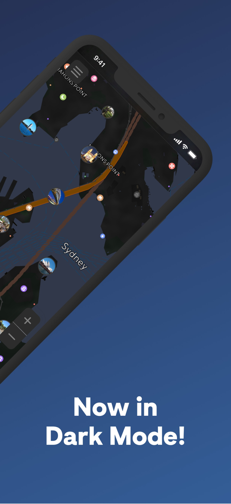 Smartphone screen displaying the Tripomatic app with a map of Sydney in dark mode