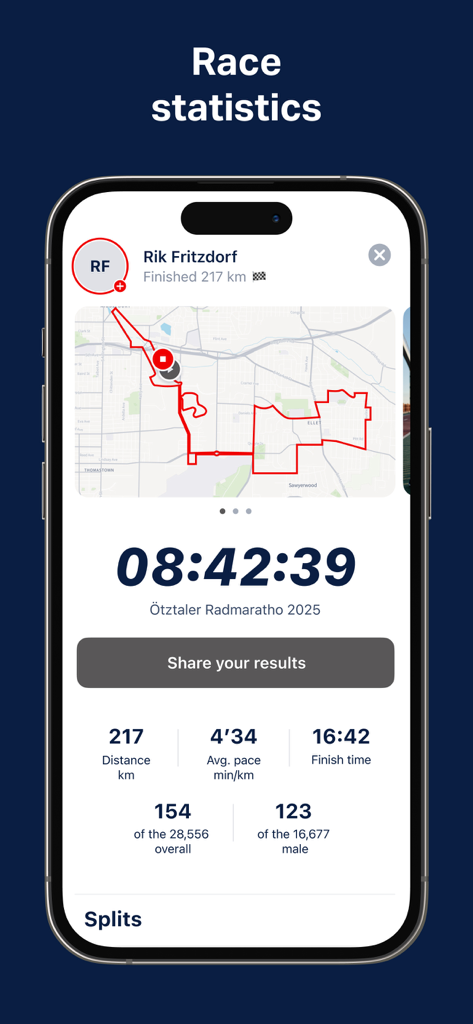 Ötztaler Radmarathon App Rennergebnisse-Bildschirm mit Routenkarte und Zielzeit