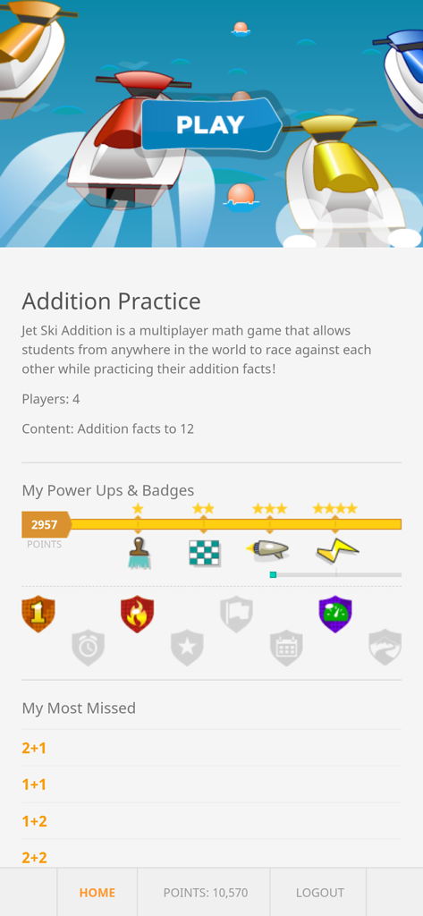 Arcademics - Screenshot of the Jet Ski Addition math game showing student progress badges and most missed addition facts