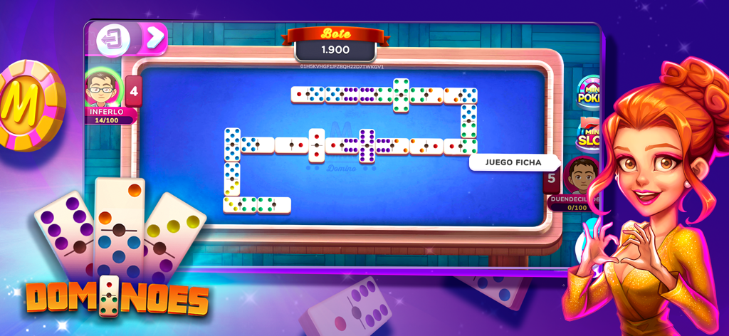 MundiGames - Social Casino - Online-Multiplayer-Domino-Brettspiel-Interface in der MundiGames-App mit Avataren und einem Jackpot-Zähler.