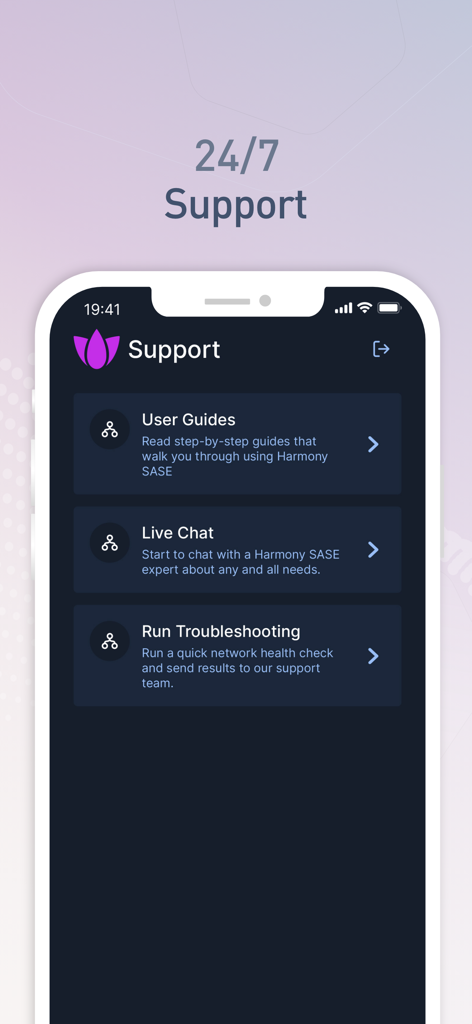 Harmony SASE app support screen with options for user guides live chat and troubleshooting