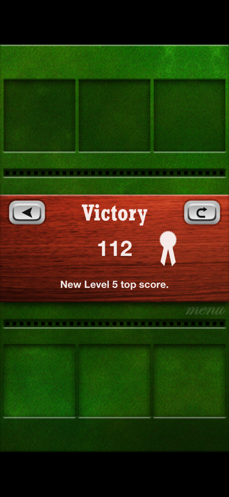 Pantalla de victoria en Fast Cards que muestra una nueva puntuación máxima de 112 para el nivel 5