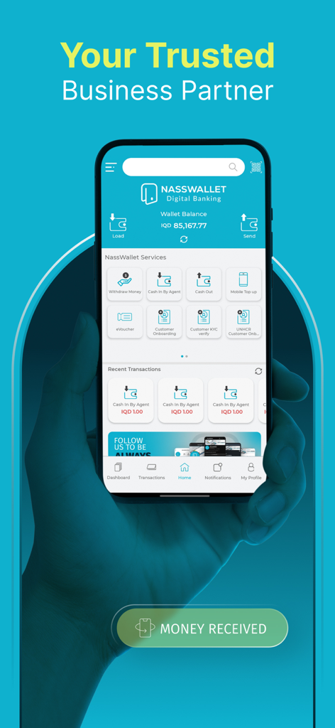 NassWallet Agents - NassWallet Agents mobile app dashboard displaying digital banking services and wallet balance for business partners