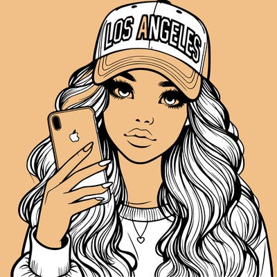 realistic beautiful girl wearing los ángeles cap holding an iphone