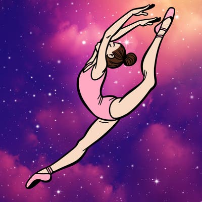 gymnast doing a leap in a leotard with a bent back leg