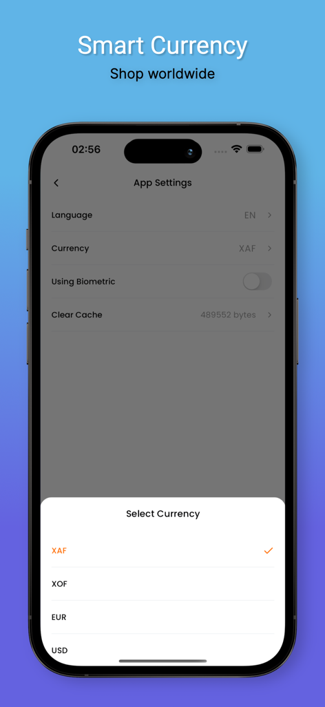 Afrosmartshop Cameroon - Afrosmartshop app settings screen showing currency selection options for worldwide shopping.