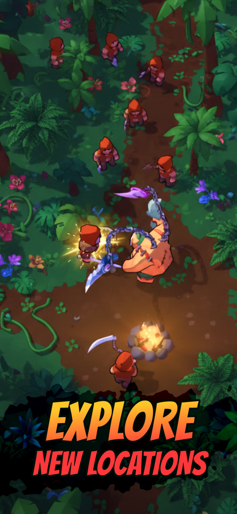 Butcher hero: hook'n'chew RPG - Personaje héroe Butcher usando un gancho para capturar enemigos en un entorno selvático con el texto explora nuevas ubicaciones