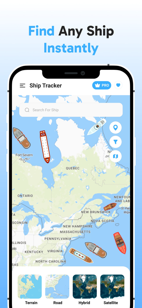 Vessel Tracker : Marine Raddar - Smartphone interface of the Vessel Tracker app displaying a live map with ships and a search bar to find vessels instantly