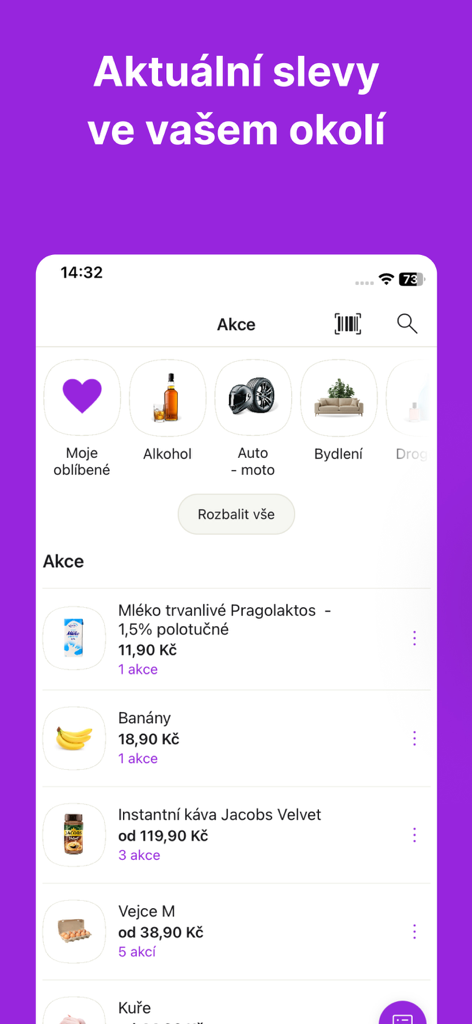 Kupi.cz - Rádce před nákupy - Kupi.cz app interface displaying local grocery discounts and shopping categories.