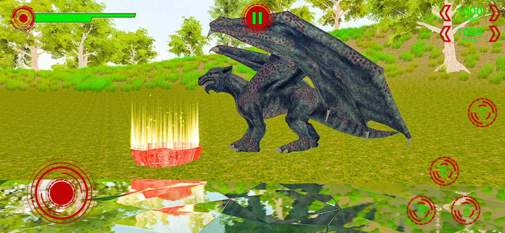 Avalon Story of Flying Dragon - A dragon standing next to a glowing piece of meat in a grassy landscape gameplay screenshot