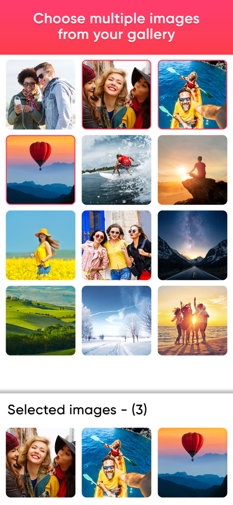 MakeMyMovie-Movie maker - A mobile app interface for selecting multiple photos from a gallery to create a movie slideshow.