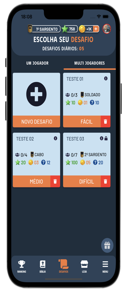 Bíblia Play - Um menu no aplicativo Biblia Play mostrando desafios de trivia bíblica para jogador único e multijogador com configurações de dificuldade.