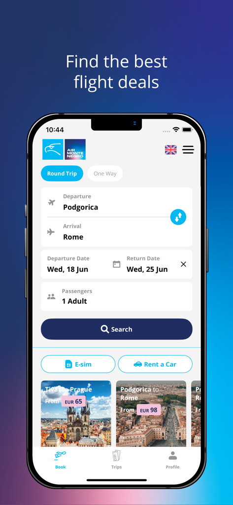 Air Montenegro - Air Montenegro mobile app flight search and booking screen with round trip options