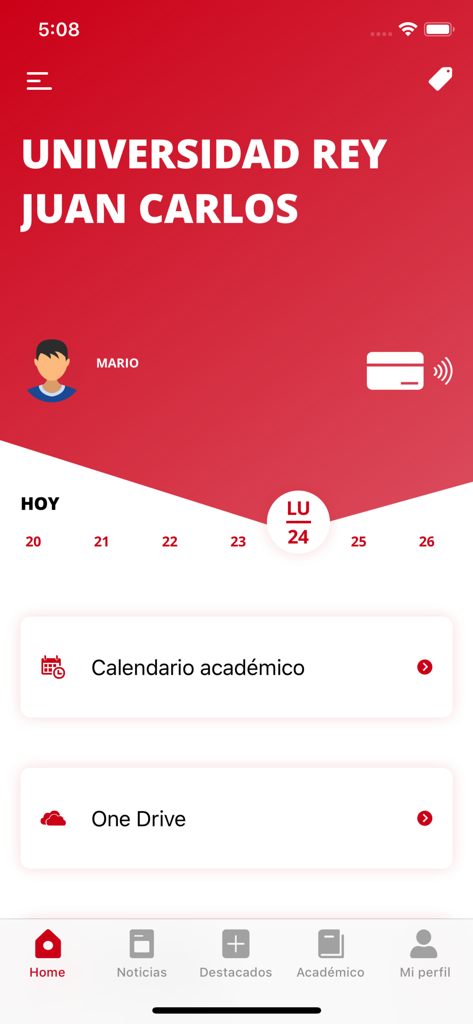 Home screen of the URJC mobile app showing the student profile digital ID and academic calendar links