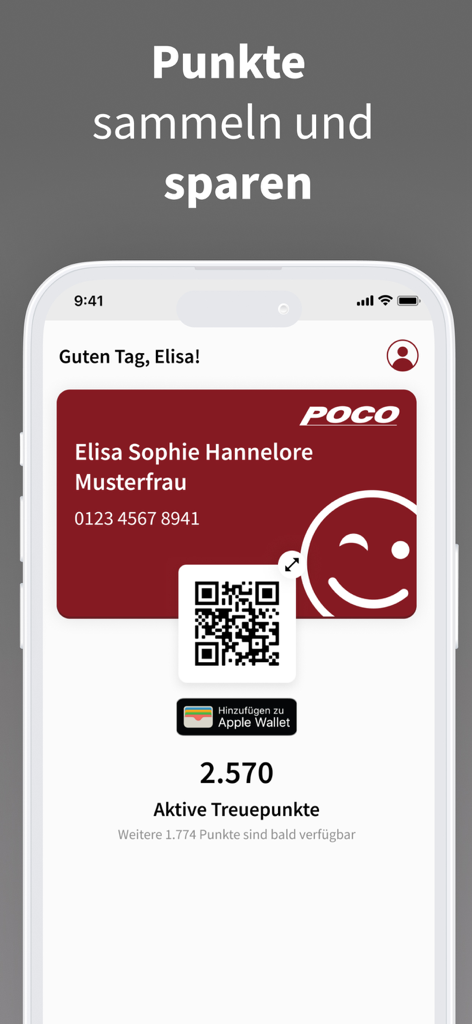 POCO I Möbel, Deko & Prospekte - POCO app digital loyalty card screen showing reward points and QR code for in-store scanning