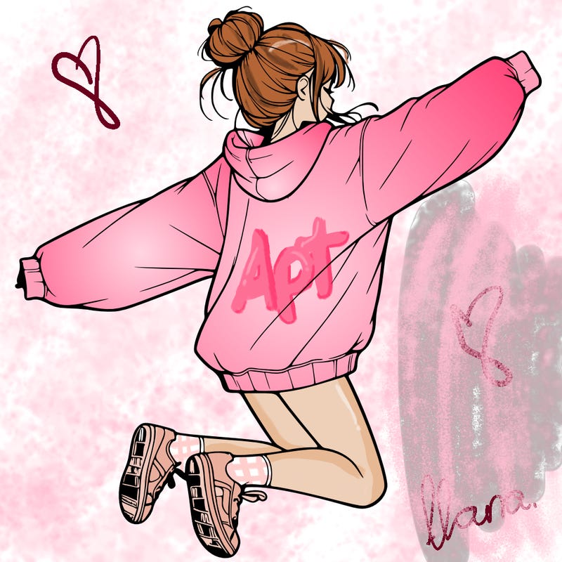 realistic girl jumping with a bun and oversized sweatshirt