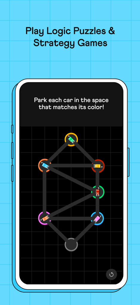 A logic puzzle in the Cuemath app where users park colored cars in matching spaces to build critical thinking skills.