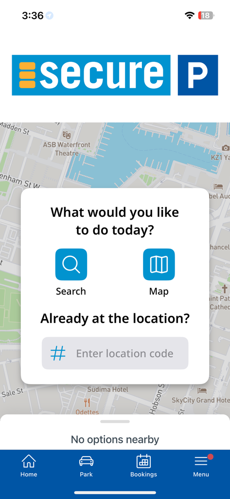 The home screen of the Secure-a-Spot app showing search and map options to find parking locations.