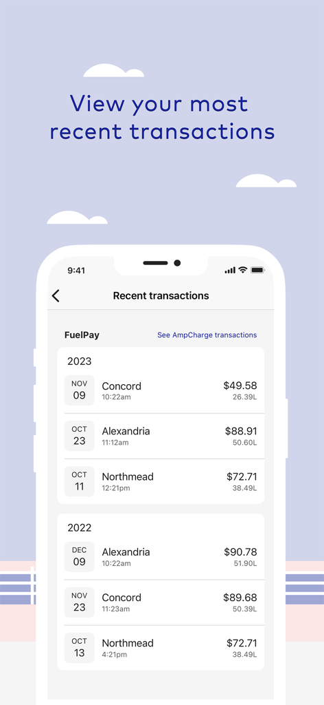 Ampol - Mobile screen showing the Ampol app's recent transactions list for fuel purchases including dates, locations, and amounts