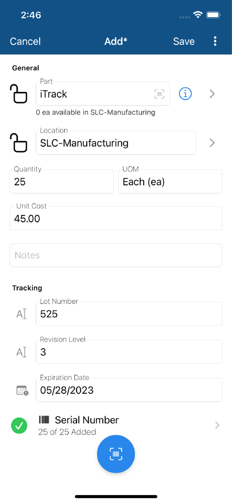 Fishbowl Advanced mobile app interface showing fields to add inventory items with part name quantity and tracking details