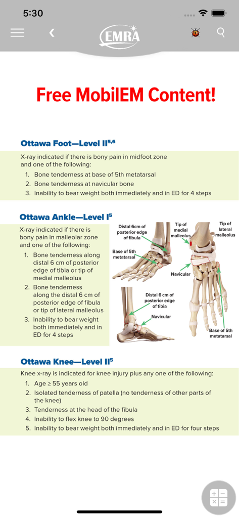 MobilEM - Emergency medicine app displaying Ottawa Rules for foot ankle and knee injuries with anatomical diagrams