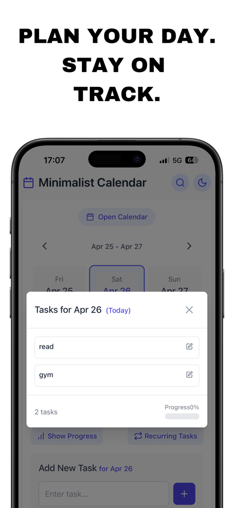 The Minimalist Calendar - The Minimalist Calendar app interface showing a simple daily task list for reading and going to the gym