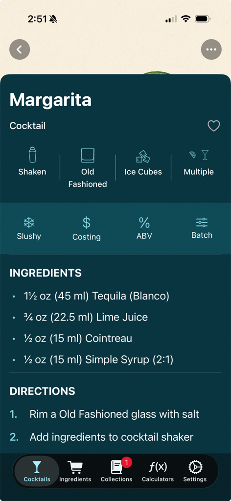 Margarita-Cocktail-Rezept mit Zutaten und Anweisungen in der Bevnap-App.