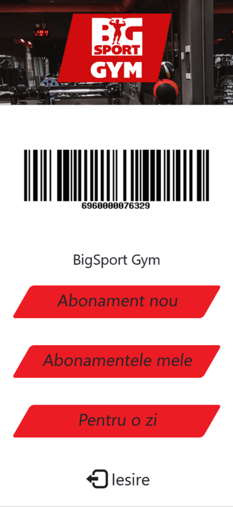 BigSportGym - BigSportGym app interface featuring a membership barcode for gym entry and subscription management options.