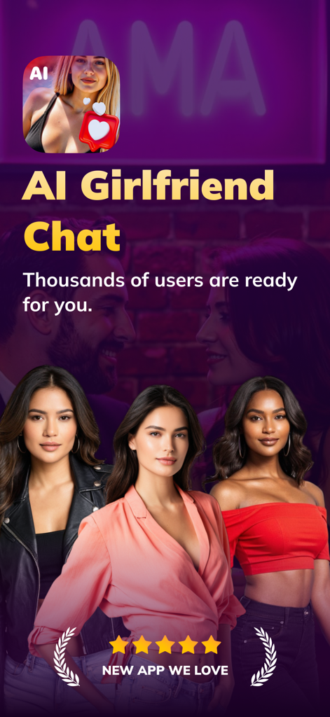 AI Girl Friend Chat  - AMA - Screenshot of AI Girlfriend Chat app featuring virtual companions and five star ratings