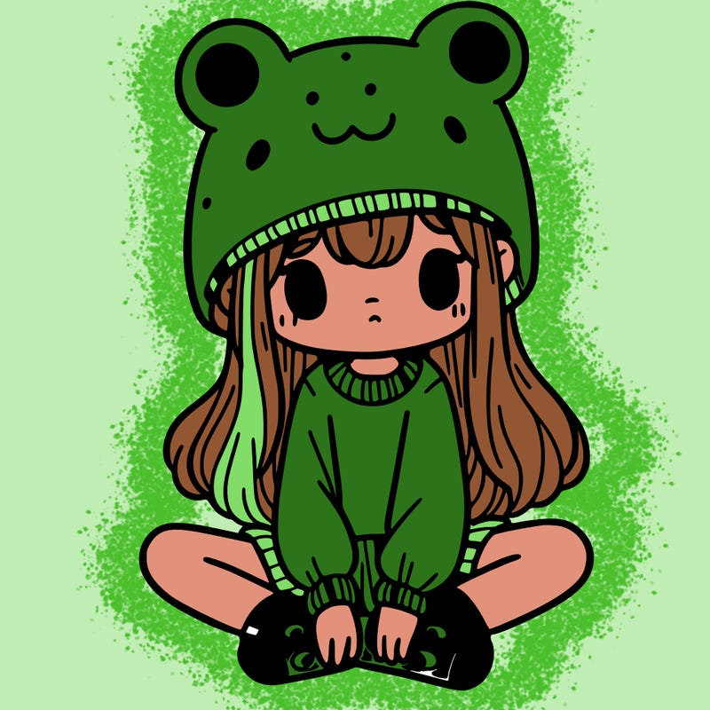 a girl wearing a frog hat and some frog socks